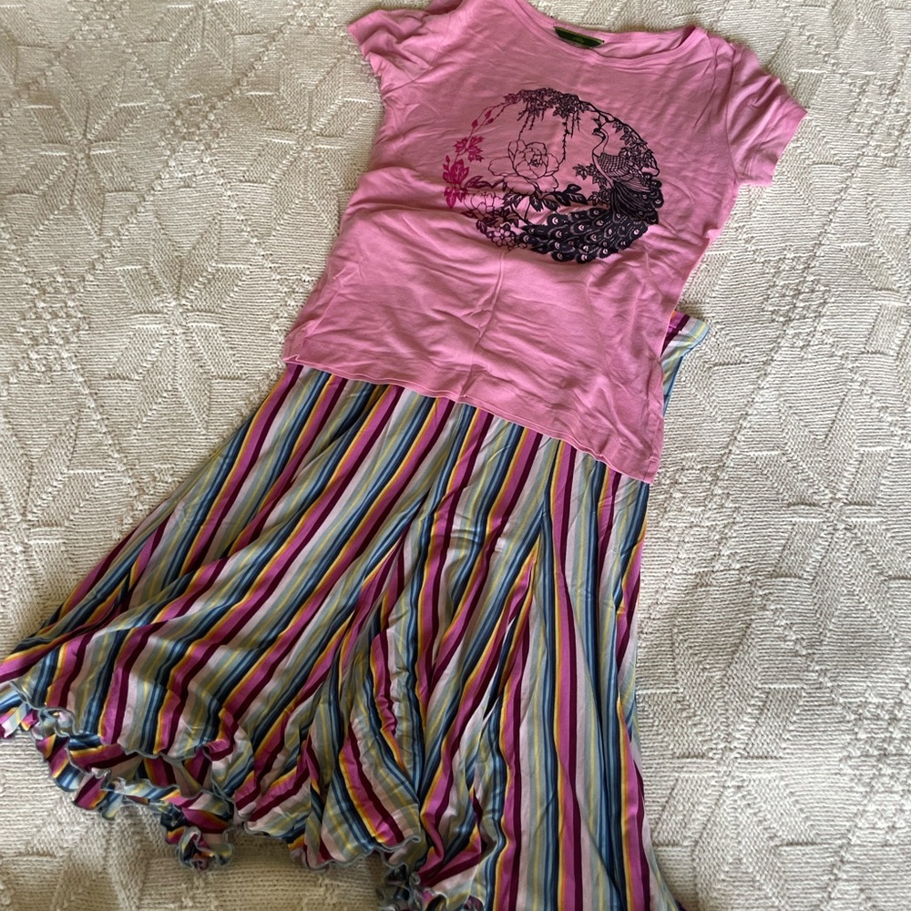 Oilily Pink Graphic Tee & Striped Lettuce Edge Skirt Set